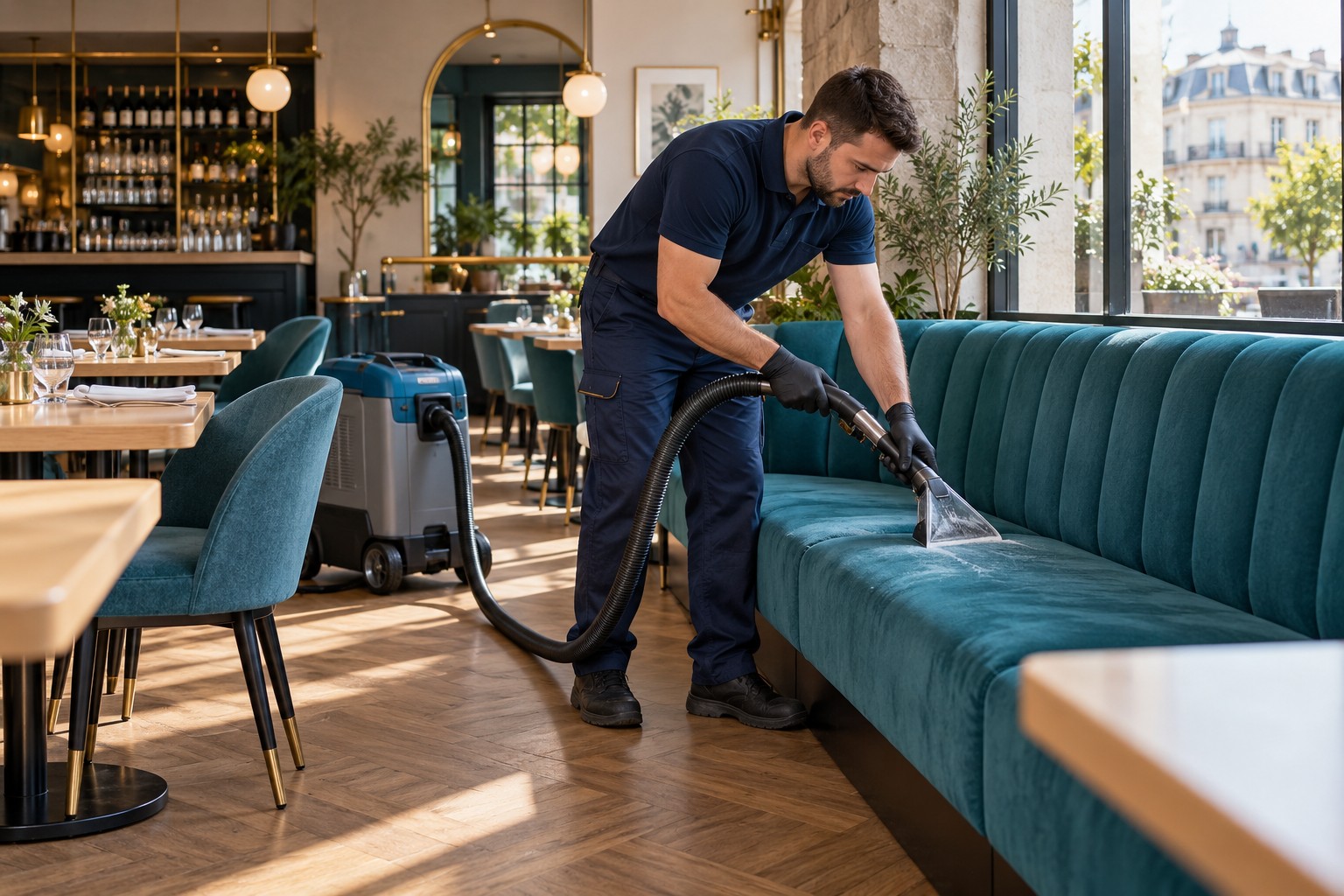 Illustration du nettoyage de chaises et banquettes de restaurant à Genève